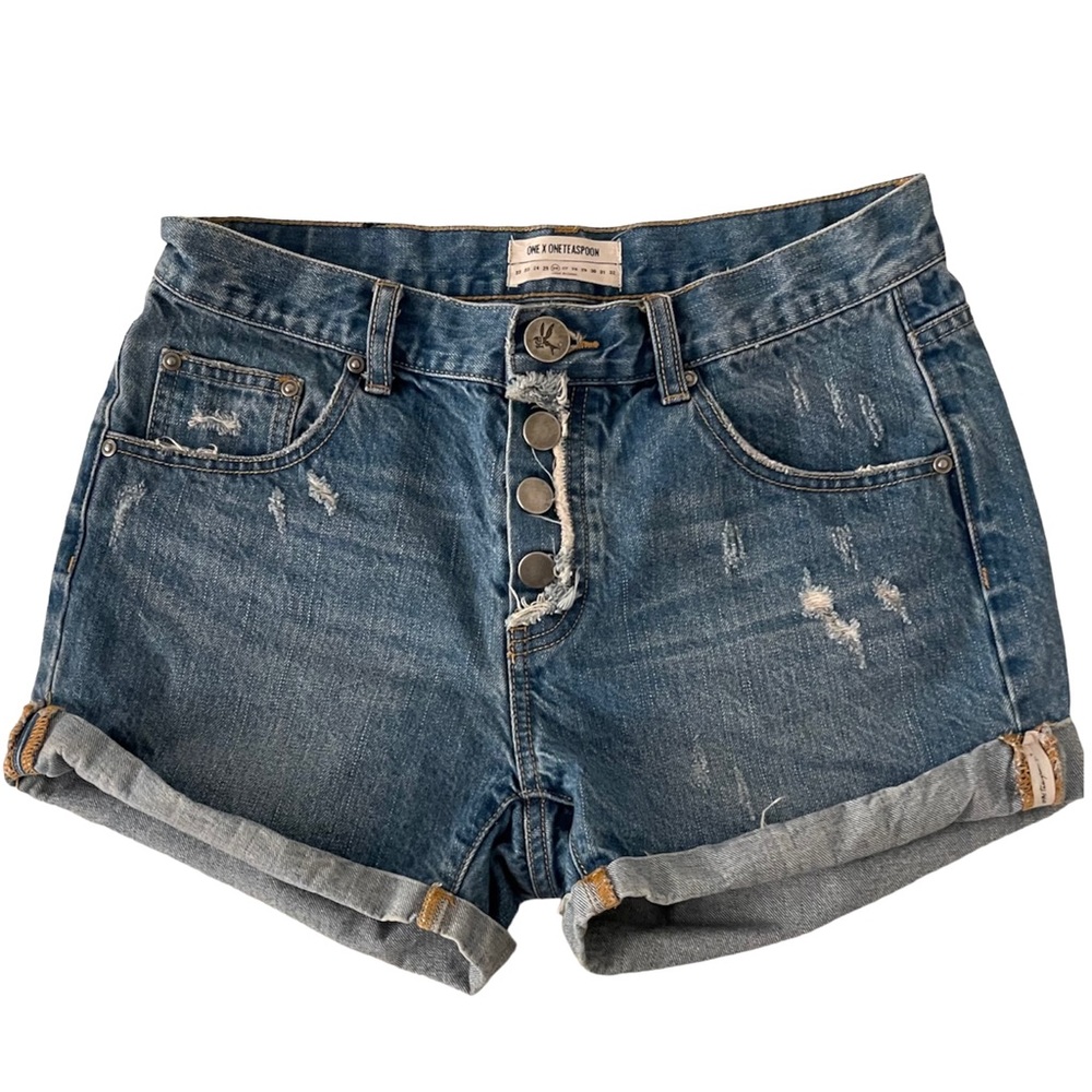 One Teaspoon Chargers Denim Shorts Roll Cuff Button Fly Distressed Relaxed Fit
